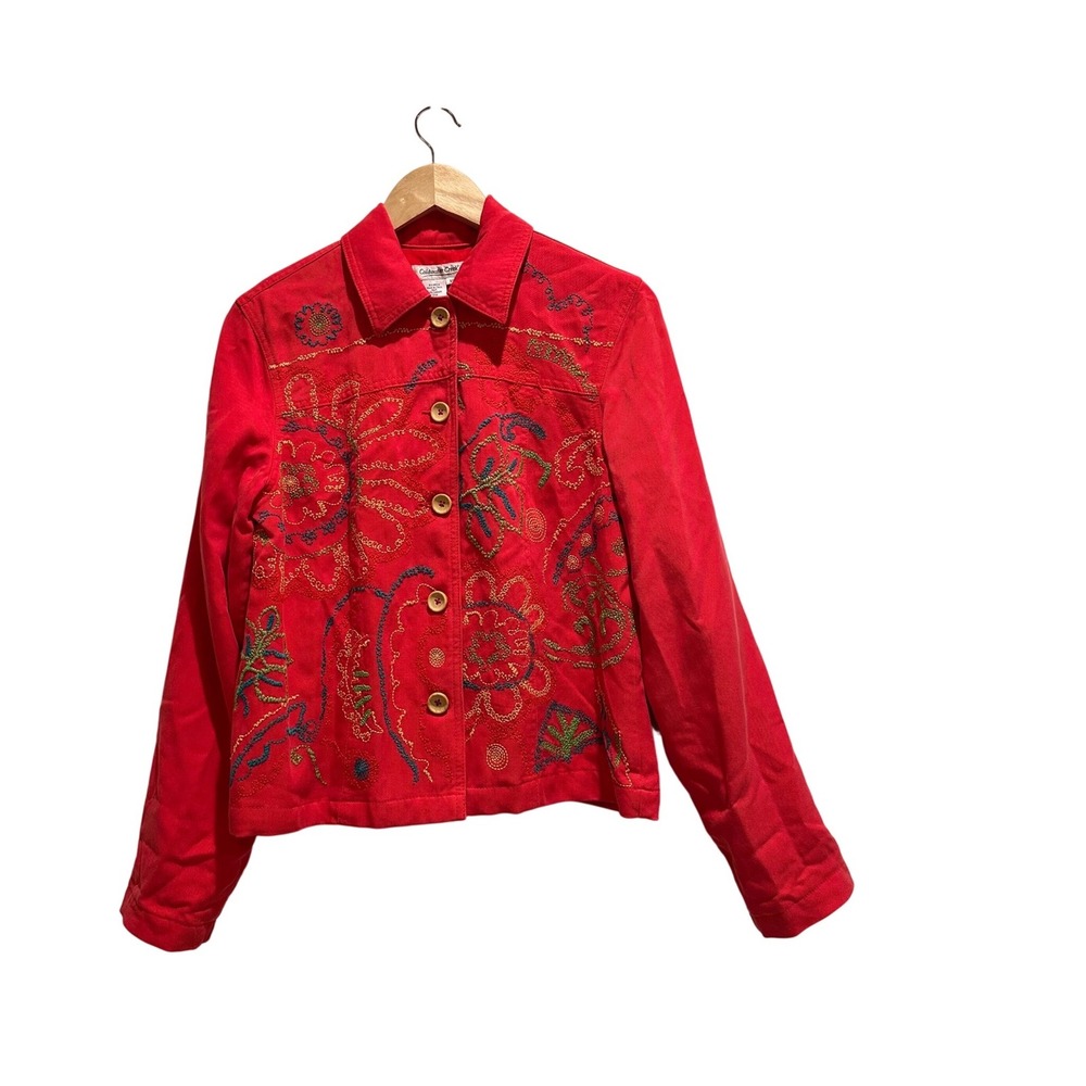 Coldwater Creek Red Tencel Floral Embroidered Button Front Jacket XS Boho Art